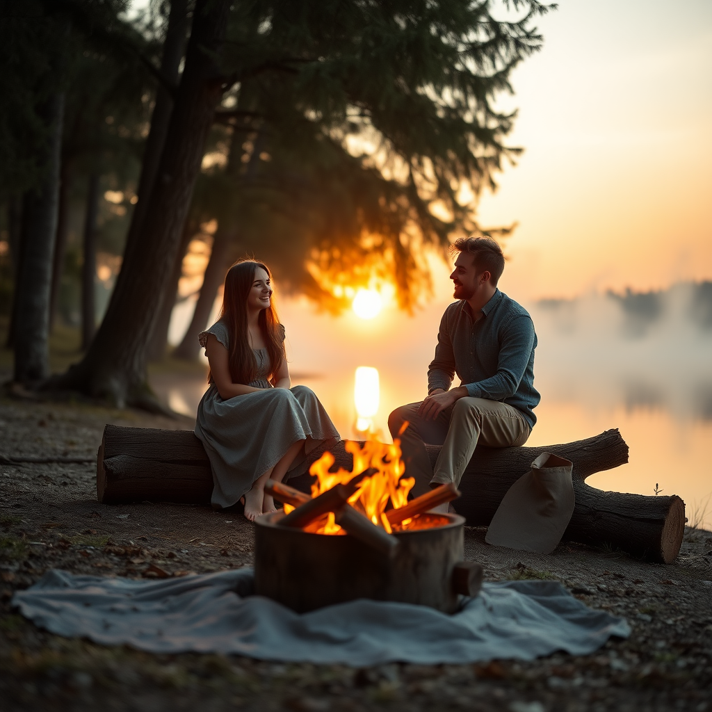 a young woman and her male friend sitting on a strunk. a fireplace is on the ground at the shore of a lake. she has long brunette hair. she is wearing a dress. barefeet. they are laughing together. the sinking sun is falling through the trees. a little fog is rising from the lake. light like in fairy tale, romantic. medieval style. photo