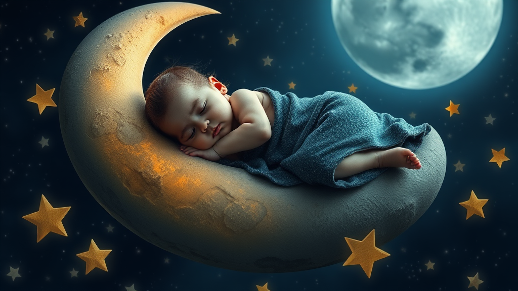 Sleeping baby on moon and stars around