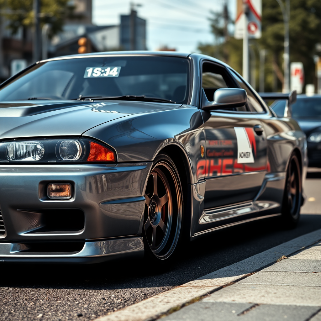 The car is parked on the side of the road, inspired by Taiyō Matsumoto, tumblr, restomod, nd4, c4 metallic shine gray black nissan skyline r34 kalabalik tokyo gece arkaplan