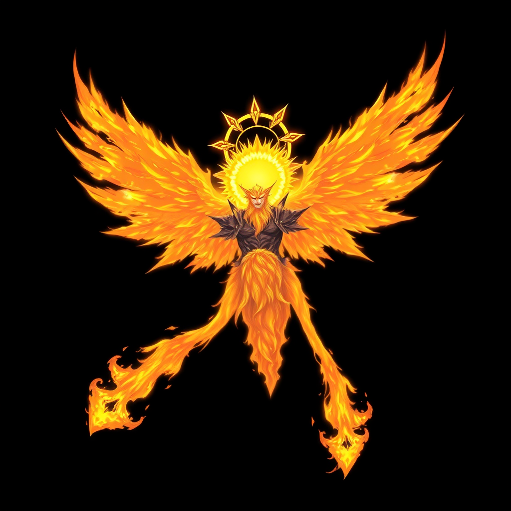 (High quality Anime styled art) Black background of a A Truly Colossal Supreme divine yet malevolent entity made of pure-solar golden-burning flame, white aura, embodying both pure holiness and corruption, floats ominously in mid-air. Eight blazing, fiery wings radiate intense solar energy, while a shattered unique halo resembling the sun hovers above its head, body is made of pure-solar-burning flames, he is wearing black-death shoulder-plated armor, badass, the being's long beard sways as its wrathful, ember-like eyes burn with intense fury, glowing in vivid shades of yellow and orange, exuding a powerful and foreboding energy.