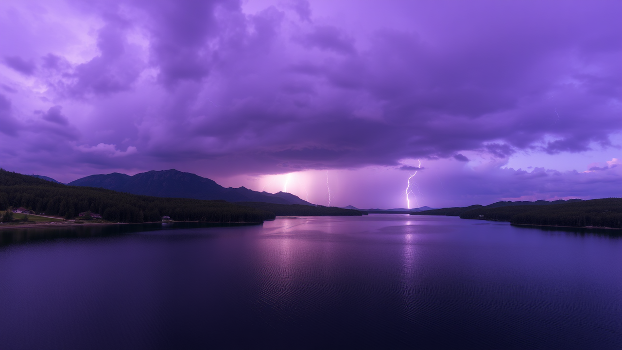 photo, lakes, nature, purple sky, lightning