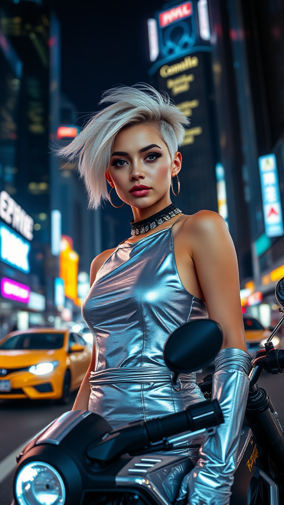 A fashion editorial close-up shot of a young woman with a short, sleek, platinum blonde haircut, standing in the middle of a futuristic metropolis at night. She wears a metallic silver dress paired with holographic accessories, reflecting the glowing neon lights of the city. The background features towering skyscrapers with futuristic signage, while flying cars zoom past in the distance. Her expression is bold and enigmatic as she stands confidently on a high-tech motorcycle, her hair catching the breeze from passing vehicles, creating a futuristic yet glamorous vibe.