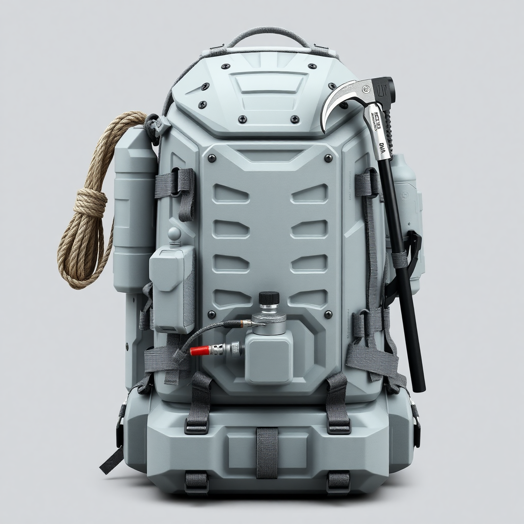 This is an armored light gray backpack designed for extreme conditions and tactical operations. Its base is made of durable, impact-resistant material, with clean geometric lines that emphasize its functionality. Tactical pockets and fastenings are located all over the surface, giving the backpack a high-tech, battle-ready look.

On the left side, a reliable rope is coiled, carefully secured with a carabiner, hinting at readiness for any kind of rescue operations or difficult climbs. On the right, an ice ax is attached - a powerful tool, secured in a way that can be quickly removed at the right moment. At the bottom of the backpack, an oxygen tank is fastened with strong straps, as if for mountain climbing or survival in thin air. All elements are harmoniously combined with the armored surface, creating the image of a backpack that not only protects equipment, but also becomes an essential tool in an emergency.

This backpack concept conveys a sense of reliability, strength and complete readiness for extreme adventures, where every element has a practical meaning and complements the overall style.