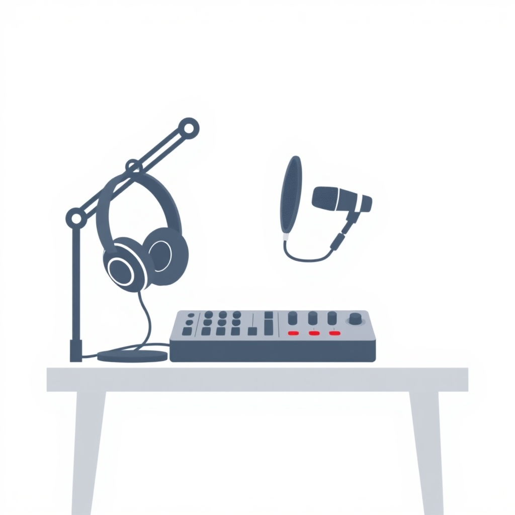 A minimalist, flat design illustration of a podcast setup. The image should include a microphone, headphones, and a sound mixer on a simple desk or tabletop. The background should be a plain, neutral color like white, gray, or light blue. The overall style should be clean, modern, and visually appealing as a generic stock image for podcasting.