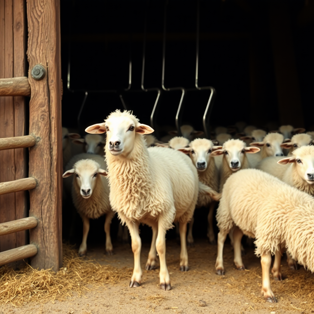 sheep in a barn, restricted by a gate but, one that stands out in the flock and breaks free