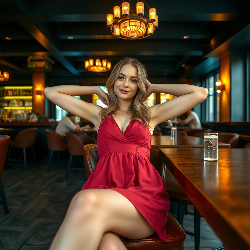 a nordic girl in a short dress sitting in a lounge bar, raising her arms to show armpits, camera angle from below