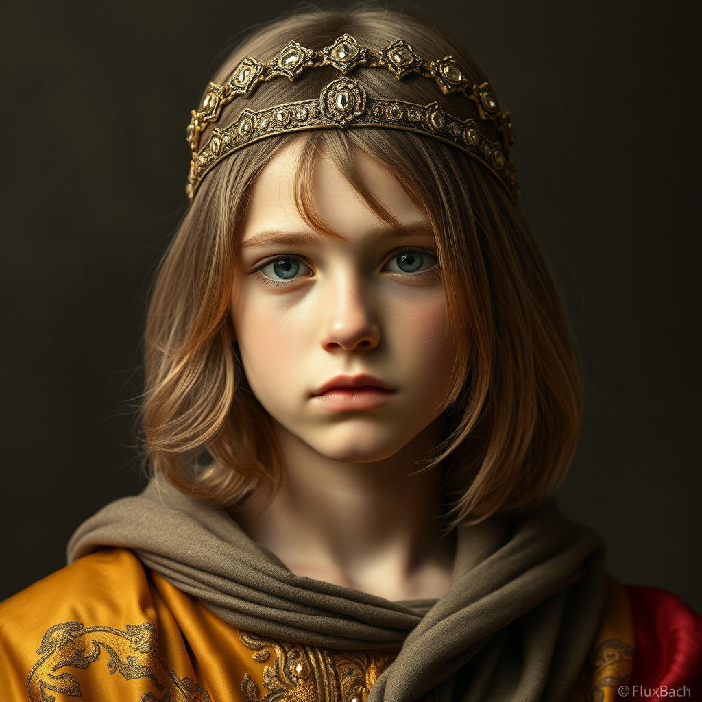 16yo teen boy prince, long bob cut, embroidered with gold and diamonds medieval cloths, diamond diadem and Beautiful War, natural Skin Texture, visualization of embossed Skin using the play of light and shadow. Free style by 50% Adolphe William Bouguereau, Academic realism and 15% Sandro Botticelli, early Renaissance and 35% Otto Lomüller, Boy Scout photorealism, The background is in the style of landscape style by Antonio del Polaiolo. Studio lighting, professional lighting. Generating the signature at the bottom: FluxBach. ultra high resolution, 16K,