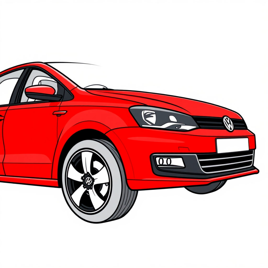 red vw polo III car, long establishing shot, 2D, caricature, cartoon, Sketch lines, coloring book, coloring book style on white background, well composed, clean coloring book page, No dither, no gradient, strong outline, No fill, No solids, vector illustration, realistic proportions, seen from the left side