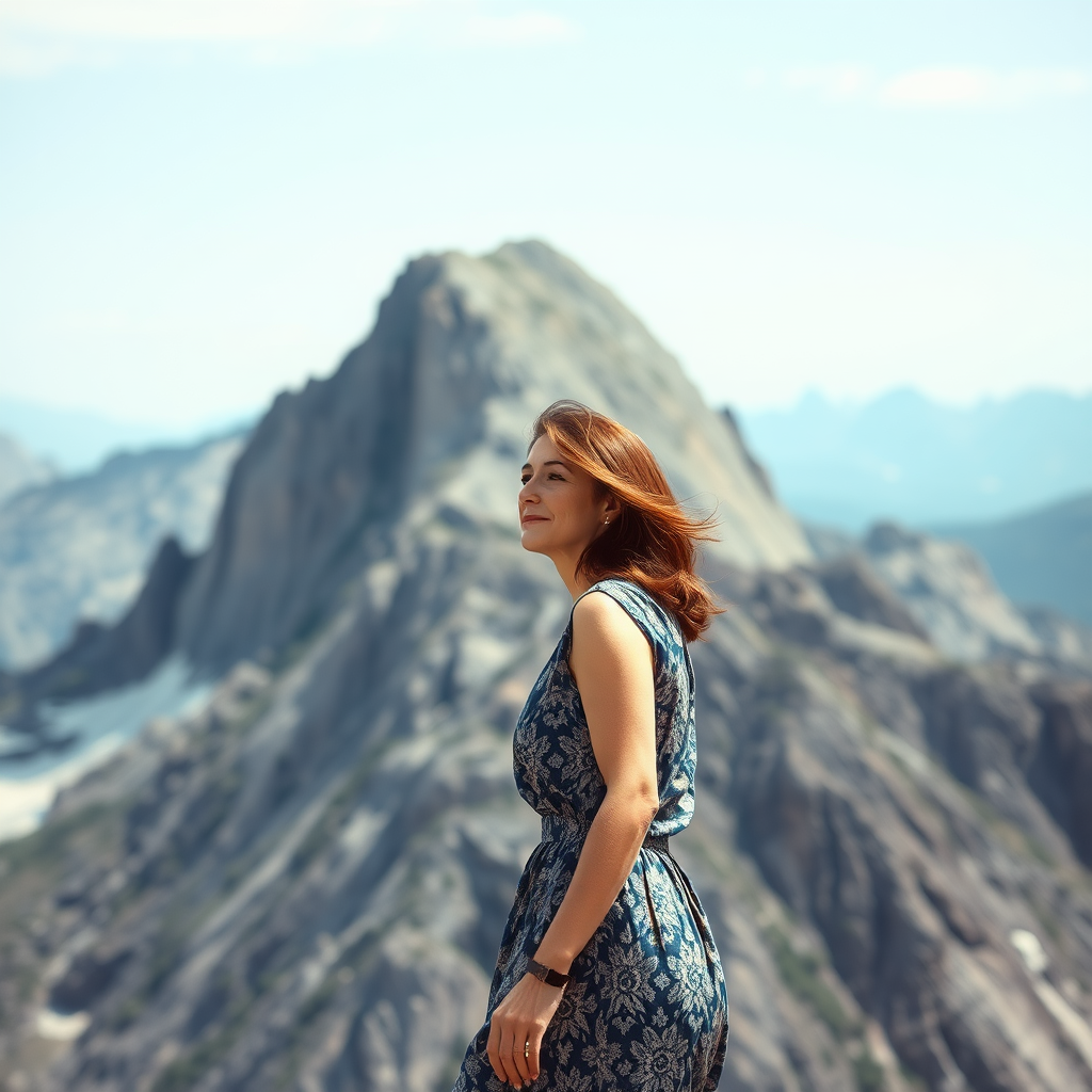 middle-aged woman, brown hair, slim, small, climbing a large, magnificent mountain in dress.