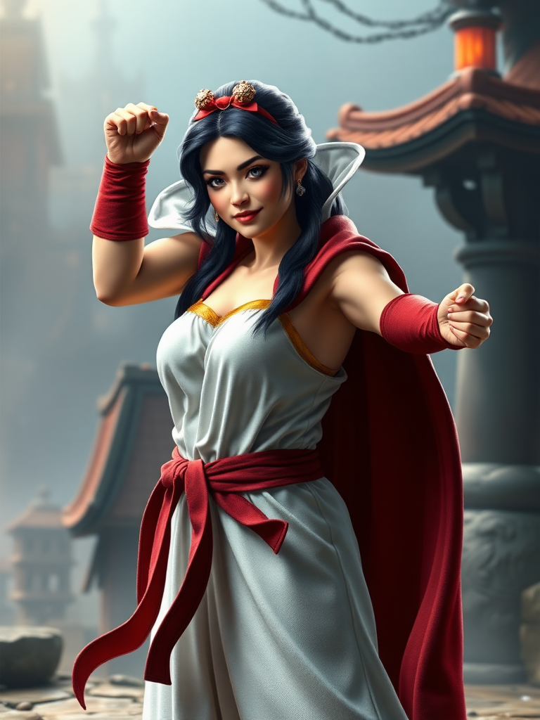 Create a full-length hyper-realistic render of Snow White using the body type of Ryu from Street Fighter. Retain Snow White's head and costume while adjusting the body structure and silhouette to reflect Ryu's muscular build and gender. Ensure the render captures the essence of both characters, maintaining Snow White's iconic look while integrating Ryu's athletic physique. The background should blend elements from both characters' worlds, creating an appropriate setting that complements their personalities and storylines. The final image should be vibrant, detailed, and striking, showcasing the unique fusion of these two iconic figures.