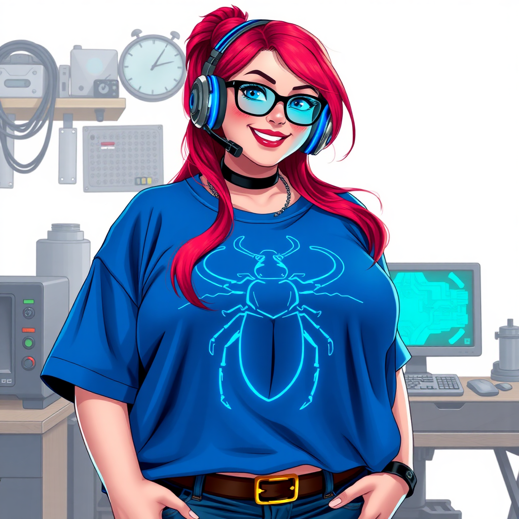 A cyberpunk vigilante’s full-figured intelligent and tech-savvy 29-year-old girlfriend, who is a computer hacker and tech genius. She has a long ruby red ponytail and bright blue eyes. She wears a sapphire beetle gemstone necklace, and an oversized maximum blue t-shirt featuring a giant neon blue glowing icon of a beetle on its chest. She has a full-figured physique with a prominently, gargantuan, well-rounded midsection, reflecting her well-cared-for lifestyle. The midsection is heavily emphasized. She sports a sapphire headset with hi-tech maximum turquoise lensed HUD visor, black eyeglasses, and a beaming smile with a passionate bright red blush. Despite her figure and a lack of self-esteem, she radiates an air of beauty. She has a slim face which contributes to her radiant beauty. She serves as his tech expert from his hideout, diligently working at her workshop with a computer desk and tool bench. The background is solid white. She is drawn as if she was in a retro 2D cyberpunk fighting game. Ensure her shirt covers her midsection.