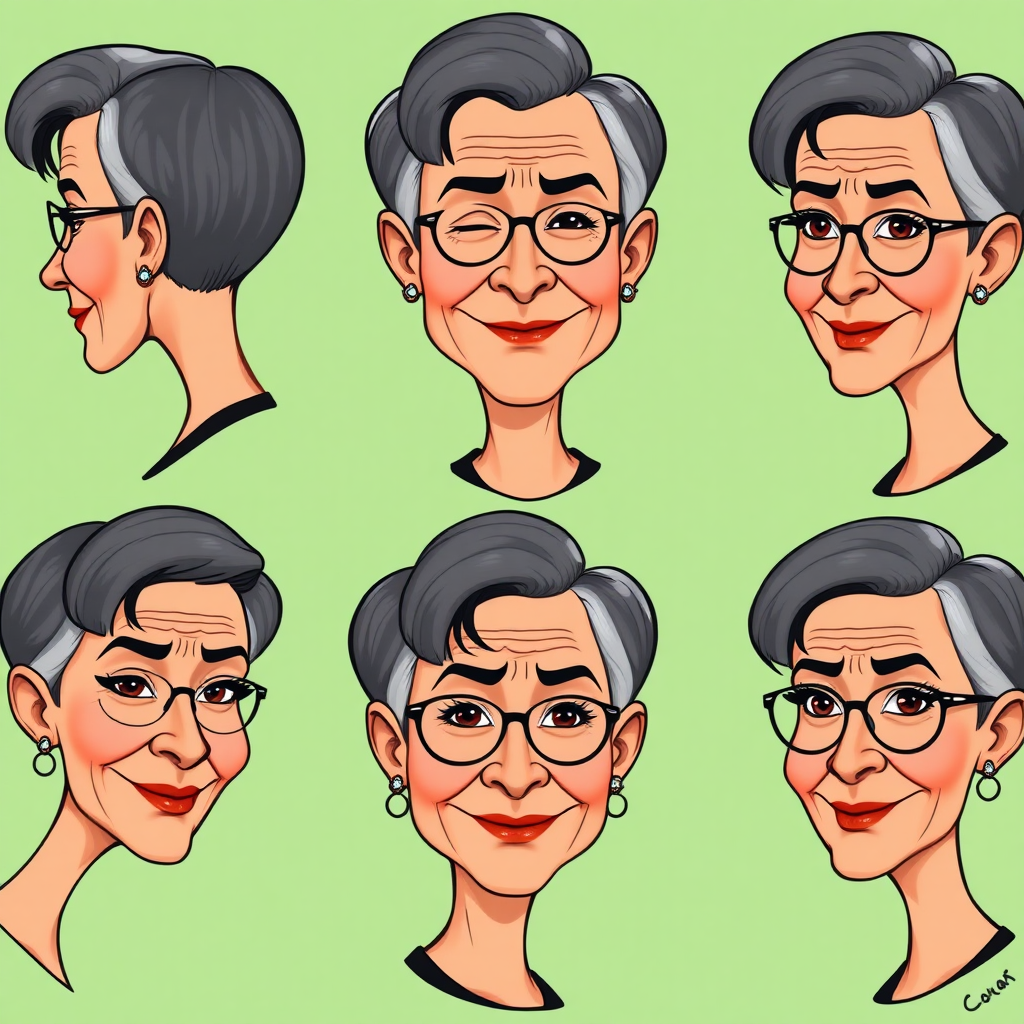 Photorealistic image of six headshots of a 50 Years old, fit, European, Latina, sharp aquiline nose, wrinkles, high cheekbones, Middle Eastern, Skinny, Tanned skin, Dark light skin, full Makeup, jewelry, Sharp nose, frowning, exaggerated cartoon expression, lascive smile, dark grey Ash hair, short bowl haircut, Brown eye color, half closed eyes, round Glasses, with detailed features. Each photo displays the same face in back, profile and front view, cut out and isolated on a green background. All six heads are visible side by side, empty space around each view, no overlapping. 2D, caricature, cartoon, Sketch lines, coloring book style, well composed, clean coloring book page, No dither, no gradient, strong outline, vector illustration