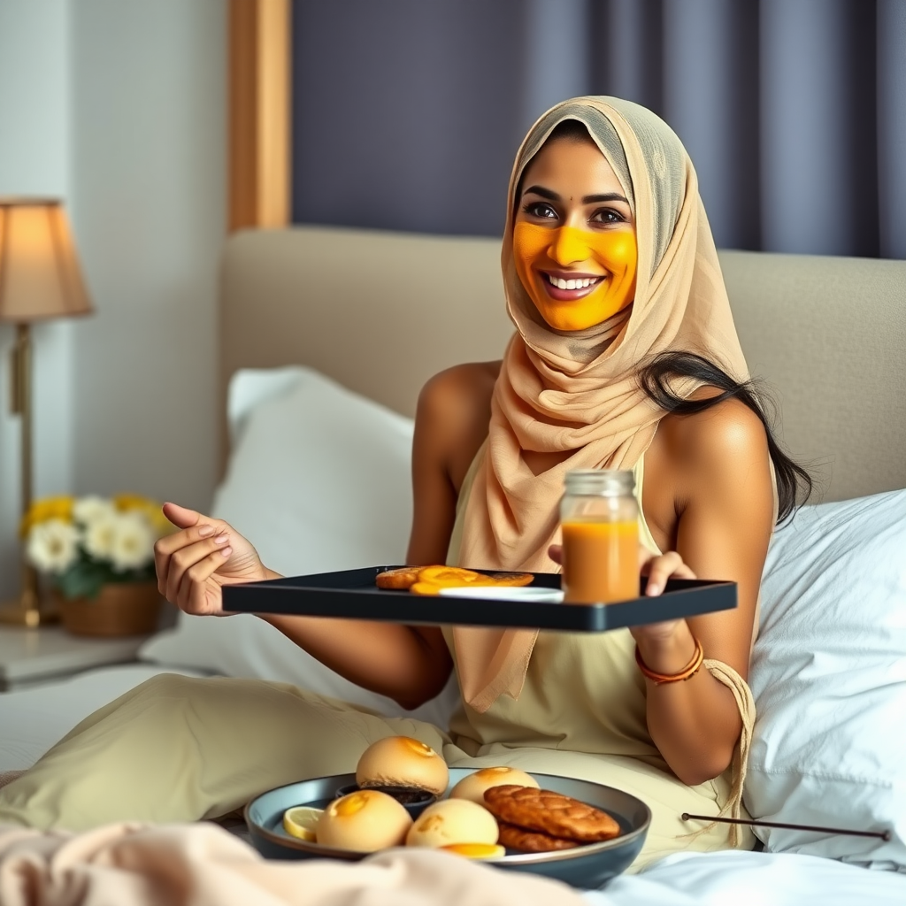 slim, 30 year old, sexy, indian wife, small face veil, turmeric face mask. She is smiling and serving breakfast on a tray on bedside table