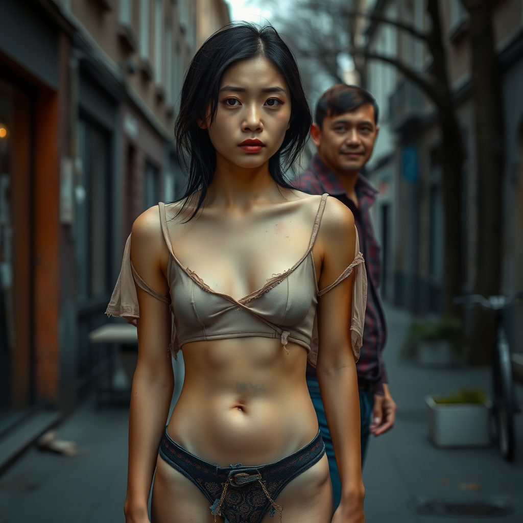 Armenviertel. A young, loving, but unkempt, neglected, homeless, and slightly undernourished Asian woman with smooth, deep black hair looks as if she is not from this world and is portrayed as a complete person with maximum allowed nudity. She is to be depicted mostly without clothing because she is slim and has an athletic body. The Asian woman has a very beautiful, normal, youthful yet feminine physique. Her slender figure is enviable! Her sad, hopeless, and mystical facial expression is meant to dominate the image. Her skin is healthy but impure, as she hasn’t been able to wash for days. Her fear of a possible unpleasant odor further intensifies her sense of shame! The Asian woman wears a torn, old, completely transparent, extremely short, and crop-top shirt, and a completely torn, shredded, thin, short panty. A clear sense of shame is visible on her face. No smile is apparent. She is profoundly embarrassed. She is depicted with a small, flat belly button! The stomach is always fully visible. She has a noticeable wound on her face and looks as if she is about to cry. She looks miserable, sad, and utterly hopeless! It seems she is afraid of something! She cries in the end. Beside her stands a 60-year-old German man. The German man looks as if he is in his 50s and is a well-groomed man. He looks at the Asian woman as if he is offering her help. The German man is shaved and slim, has a normal fashionable haircut, and his hair is dark brown. He is wearing a new, nice, but plain burgundy shirt with a subtle pattern and new dark blue jeans. The German man looks sympathetic, smiles slightly, and looks at the Asian woman kindly, as if he feels great pity for her. The Asian woman cannot meet the German man's eyes due to her embarrassment, but one can suspect that she likes him.