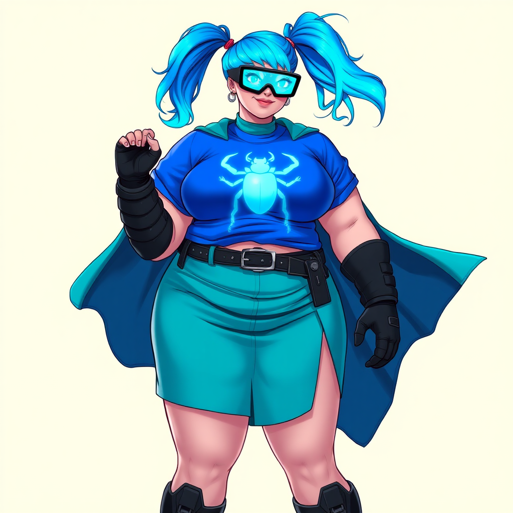 A 28-year-old, full-figured tech genius vigilante, she is the devoted girlfriend and nerdy sidekick of a cyberpunk vigilante. Her maximum blue ponytail and glowing sapphire eyes are striking features. Her prominent, round, large midsection, gigantic limbs, and broad shoulders define her full figure. As the loyal and supportive sidekick, she plays a crucial role in their missions, using her digital and technological prowess to assist and protect.

She wears an oversized maximum blue t-shirt with a glowing neon blue beetle chest icon, maximum turquoise skirt and cape, a black belt with a sapphire scarab beetle, and black high-tech shock gloves. Her neon red blush and lovestruck smile are ever-present. Her full figure shows how massive effects of the pampering by her doting boyfriend. Her nerdiness is unmistakable, accentuated by her black oversized eyeglasses with maximum turquoise lensed HUD that functions as her eye mask. She serves as her boyfriend’s indispensable crime-fighting partner. She is drawn as if she was in a retro 2D cyberpunk fighting game.