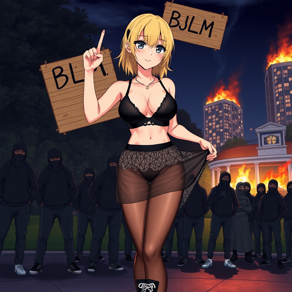 Anime art of a woman, medium blonde hair, a black, sleeveless crop top that reveals the woman's black bra and a high-waisted, smirk, middle finger, large breast, patterned transparent mini skirt that showcases a mix of black and white colors and black-underwear. She is also wearing black sheer tights and black sneakers with white laces, holding wooden sign in 2 hands which says "BLM" in air. Park and 1 building on fire at night from riots background, groups of black-rioters-thugs standing next to her pulling her skirt down.