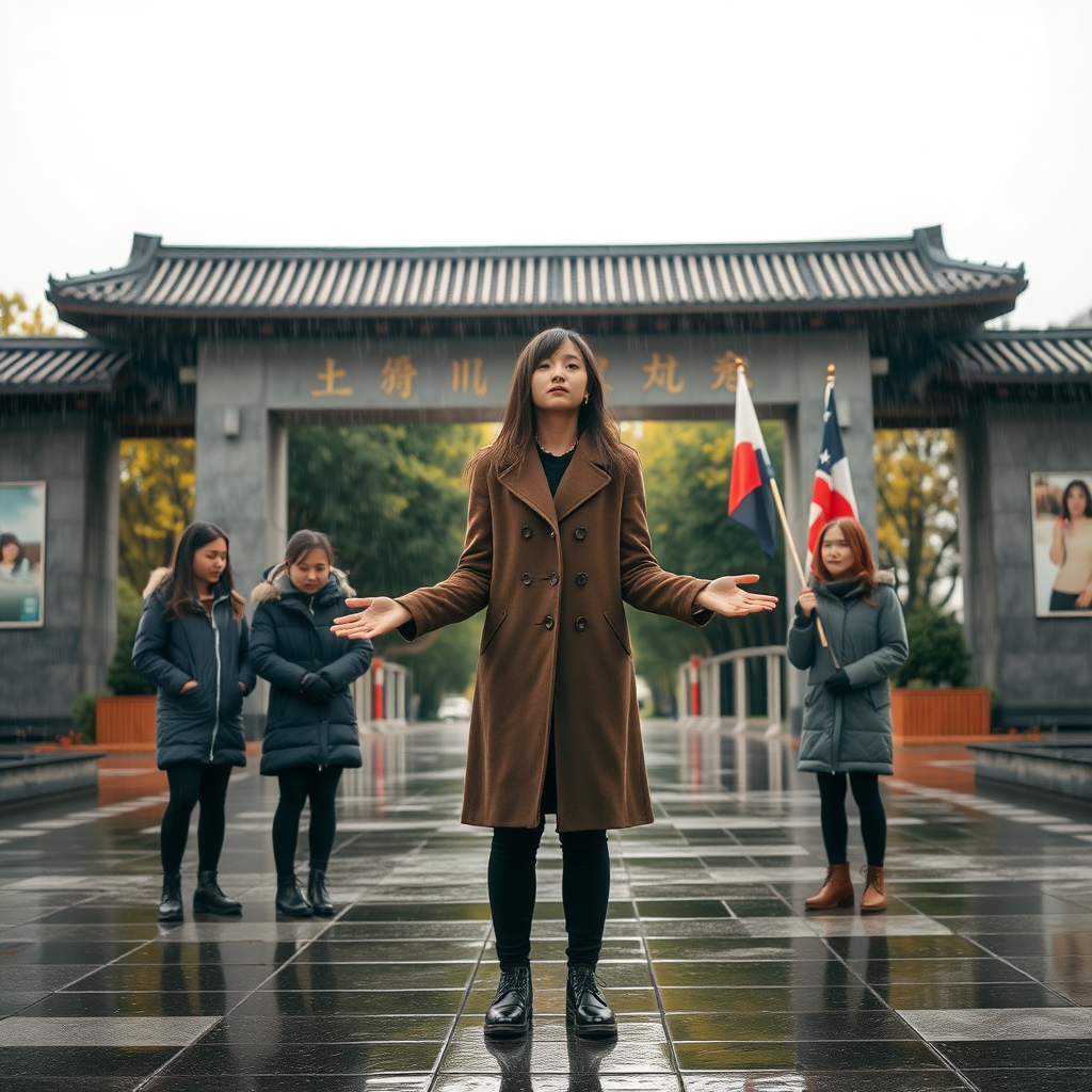 rainy weather An 18-year-old woman in a long coat and black pants is standing in front of the city entrance with her hands open and looking straight ahead. Four young women stand before him, one of them holding a flag. Behind the city entrance, only beautiful and dreamy trees can be seen.