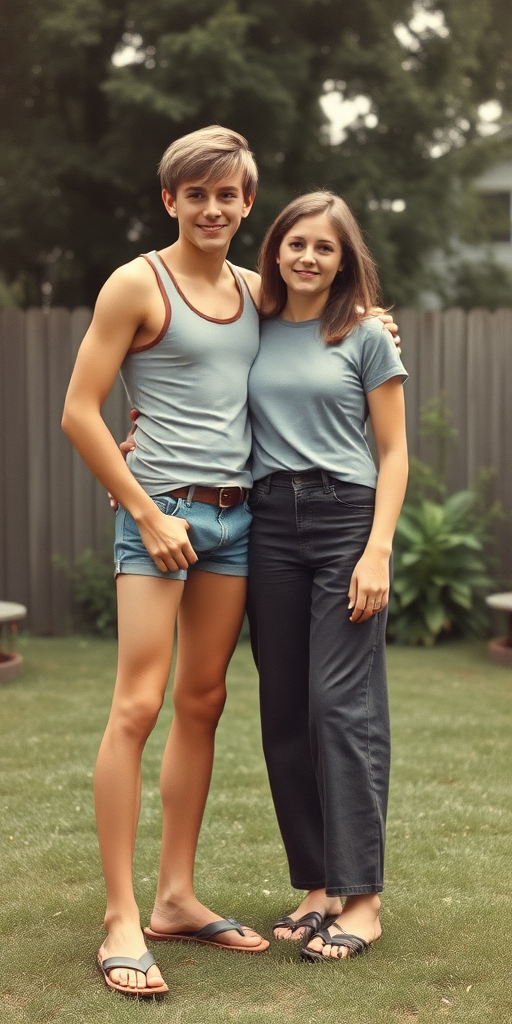 photorealistic, ultra high resolution, 16K, a tall skinny 13yo teen boy wearing tank top, tight booty shorts, Long legs, bare thighs. With a girl wearing t-shirt, long pants. At backyard. Full length view. Vintage family photo, 1970s.