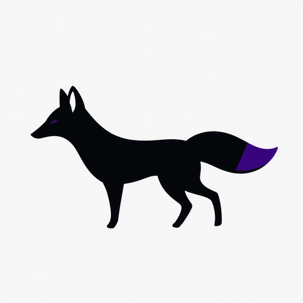 A minimalistic logo of a black fox with a deep purple stripe down its spine and tail.