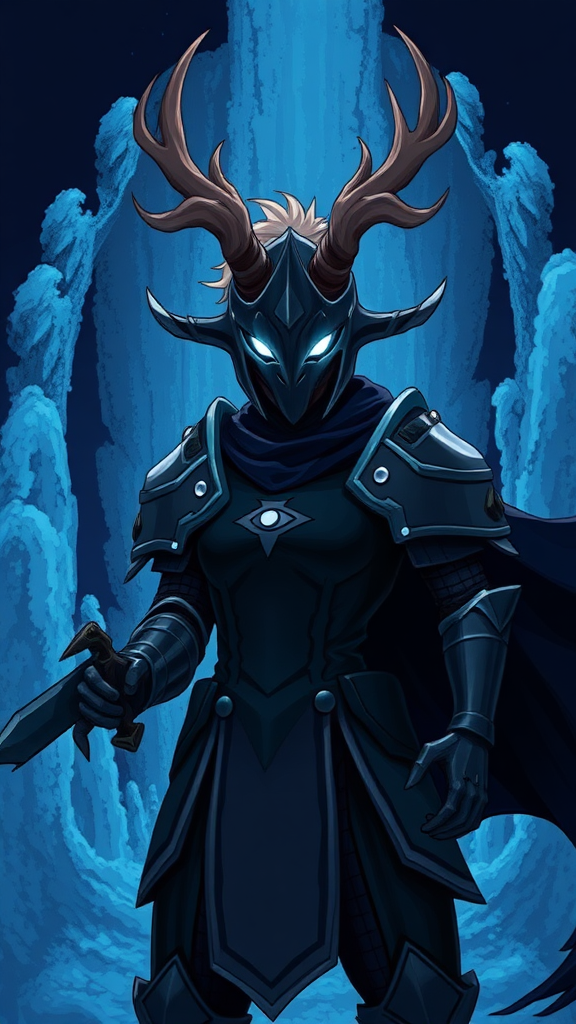 (Anime-pixel art) background of a massive blue-black-dark fountain erupting into the air, a fierce and violent knight stands poised for battle. She wears sleek, black knight armor, marked by a small perfect white eye symbol at its center, exuding an air of intimidation. Her face is obscured by a terrifying goat-like mask, with a single glowing white eye on the right, and another white eye symbol perched at the top of the mask, adding to her menacing presence. The knight's imposing silhouette is accentuated by two large, dark-silver shoulder guards that gleam ominously in the darkness. Draped behind her is a flowing dark-blue cape that billows dramatically, hinting at her formidable power. Atop her head, two impressive deer antlers rise, further enhancing her fearsome appearance, while her short, tousled blonde hair peeks out from beneath the mask, in her the left-hand of her palms she wields a black-dark knife with white-aura around its edges.

This is the Roaring Knight, known as Mayor Holiday from Deltarune, captured in a striking full-body view that highlights both her ferocity and enigmatic allure.