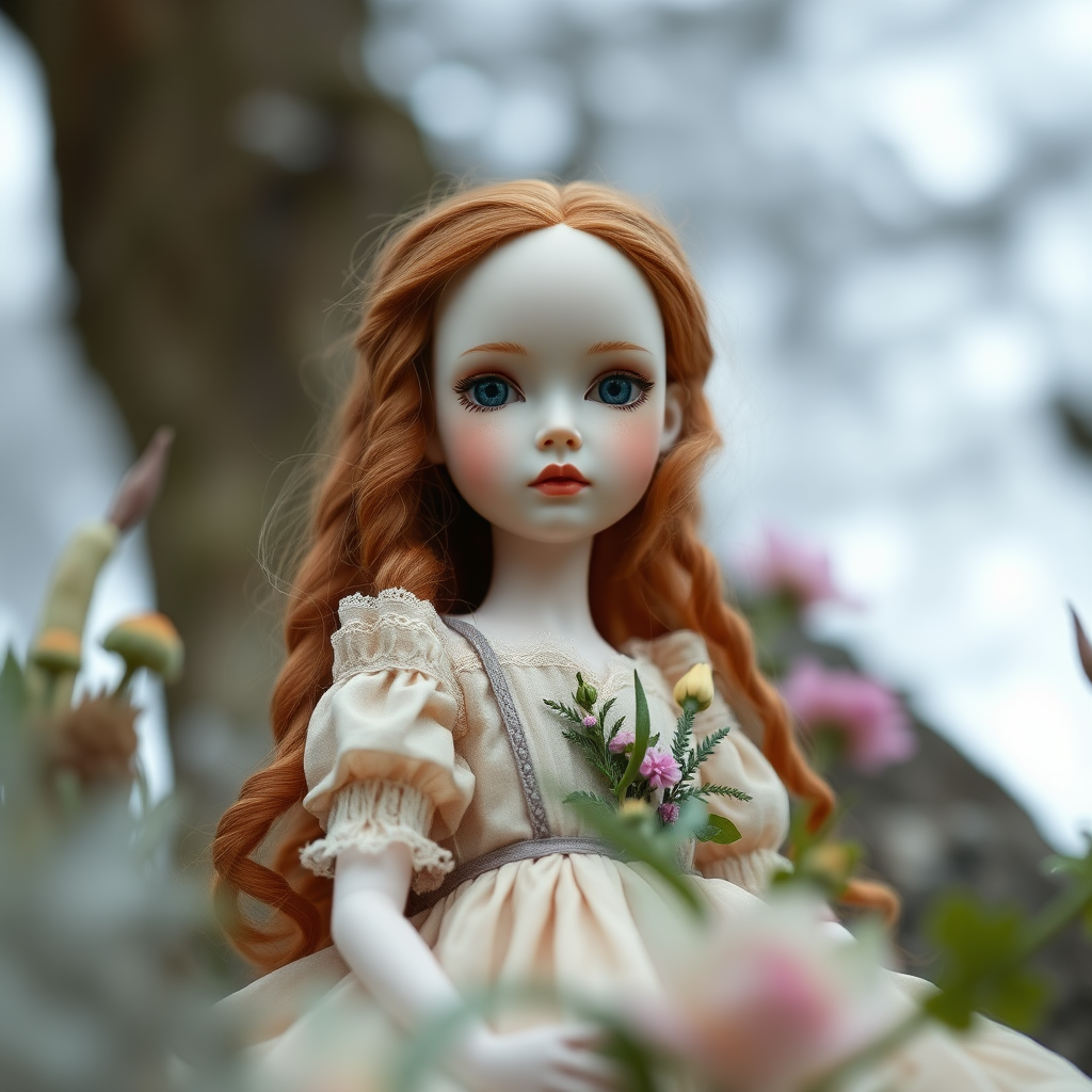 ooak art doll in nature, looking at camera, shy flirting, bisque doll, artist doll, realistic doll, life-like porcelain doll, handmade, one of a kind, focus stacking, abstract, minimalist art, in focus, hyperfocal, bisque porcelain, Victorian dress, floral, symmetric, sacred geometry, original, unique personality, dynamic, cinematic scene, centered, zoom shot, dept of field, low key lighting, preteen ginger girl, balanced colors