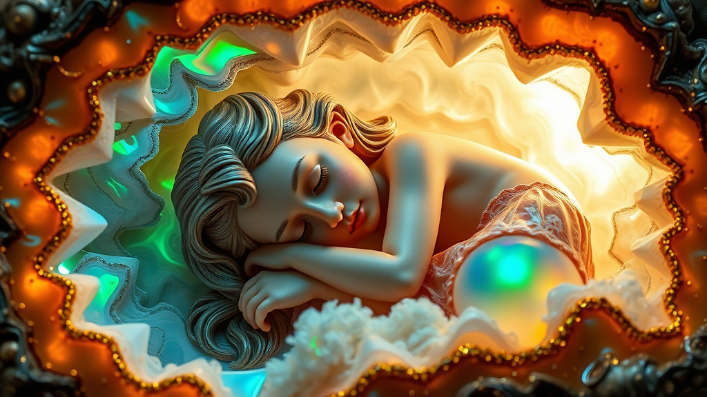 preteen girl statue sleeping in a geode, porcelain doll, artists doll, mandelbulb fractal, ultra-detailed, dynamic composition, artistic photograph, fractal, brilliant colors, glittering, illumination, transparency, translucent, opal, turquoise, gold, romanticism, sharp focus, pottery, floral, mother of pearl, iridescent, reflective, glossy