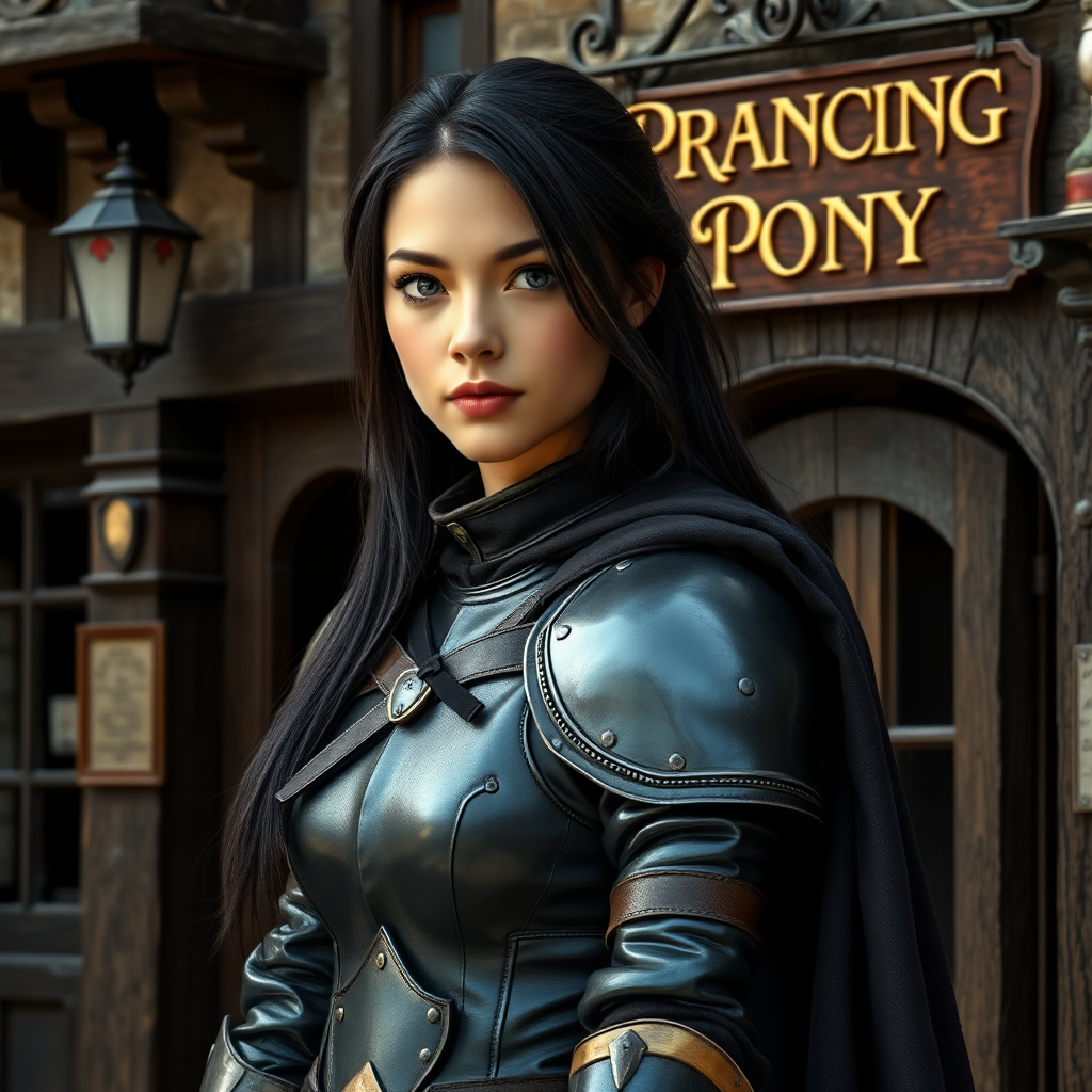 beautiful young woman, dark hair past her shoulders, blue eyes, small, slim figure, wearing full leather armor suit, long cloak, standing next to medieval tavern with sign: "Prancing Pony".