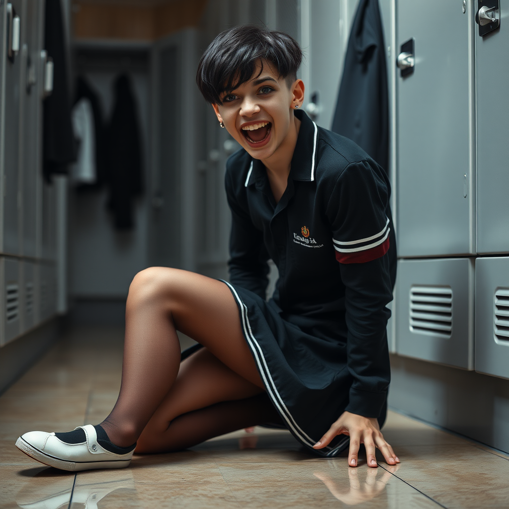 photorealistic, ultra high resolution, 16K, surreal fantasy, soft studio lighting, a pretty 17 year old goth male, slim male physique, short dark hair, blue eyes, goth makeup, earrings, sheer pantyhose, UK girls-school uniform, Mary-Jane shoes, kneeling on the floor of the locker room looking up at the camera, excited open mouth smile, drooling saliva, facing the camera.