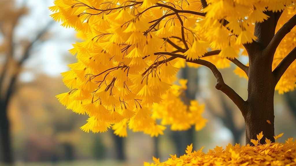 A realistic yellow ginkgo tree, the layout includes a large yellow ginkgo tree placed on the right, with ginkgo leaves falling beneath it, and the background expressed in out-of-focus.