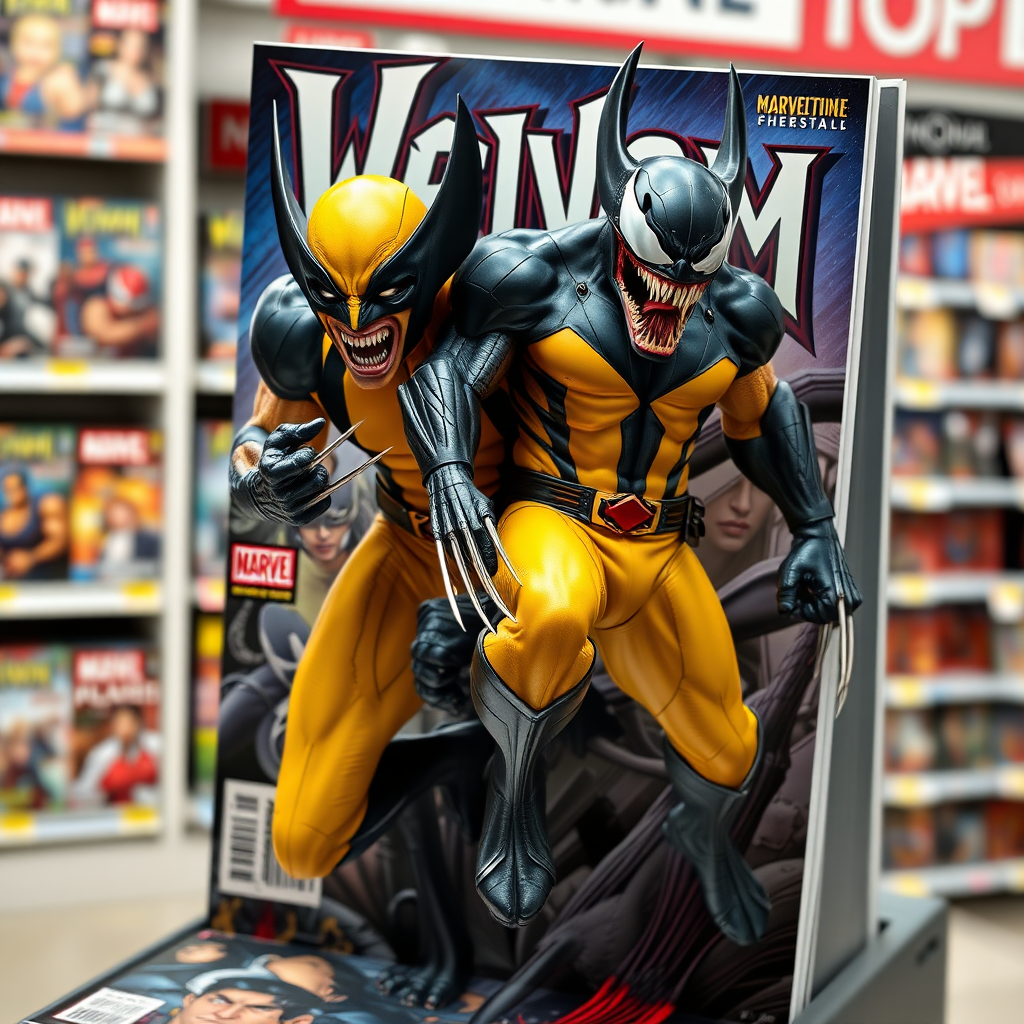 Jumping out of a Comic book cover on a store shelf is Wolverine and Venom with in Cinematic Real3D photo-realistic quality.