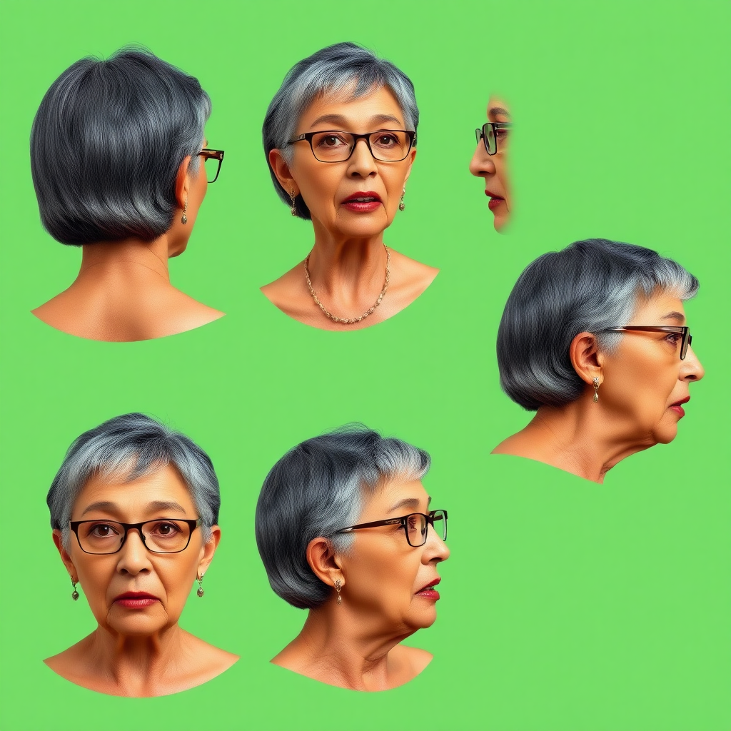 Photorealistic image of six headshots of a 50 years old, fit, European, Latina, sharp aquiline nose, wrinkles, high cheekbones, Middle Eastern, skinny, tanned skin, dark light skin, full makeup, jewelry, sharp nose, exaggerated expression, surprised, ashamed, delighted, mouth open, dark grey ash hair, short bowl haircut, brown eye color, glasses, with detailed features. Each photo displays the same face in back, profile, and front view, cut out and isolated on a green background. All six heads are visible side by side, empty space around each view, no overlapping.