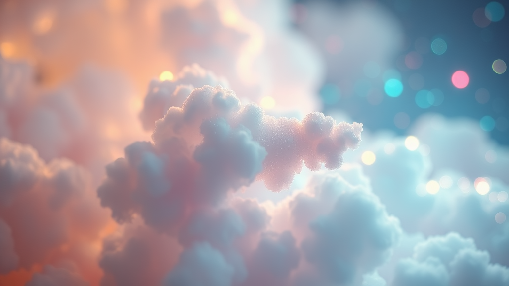 mandelbulb clouds, Low Key Lighting, dreamscape, nebula, Bokeh, abstract, brilliant colors, glittering, translucent, iridescent, glowing, artistic photo, panoramic, airy, original, experimental, fractal, generative art, calm, preteen porcelain doll floating, cinematic shot