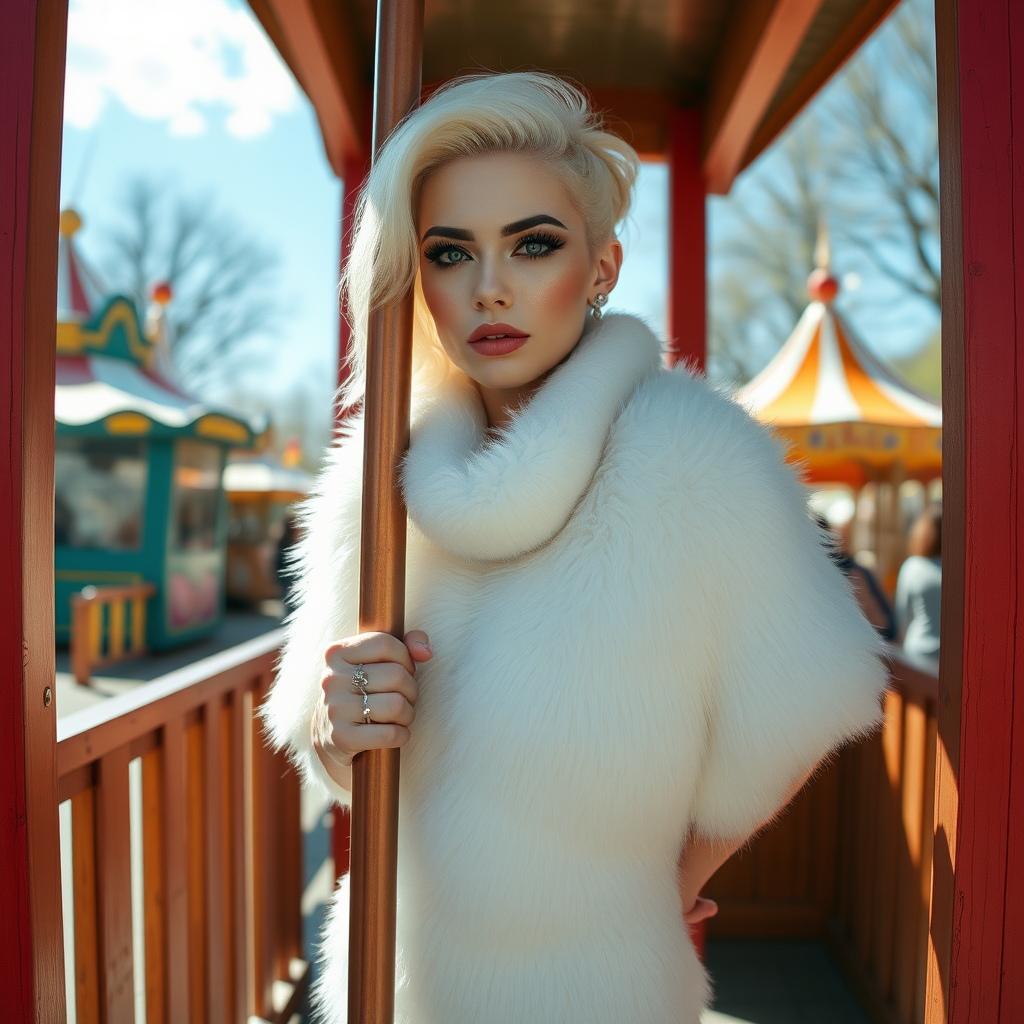 Amusement park wooden “kissing booth”, sunny spring Sunday morning. Sam, 19 years old beautiful involuntary femboy, rebellious intractable character, petite boyish figure, platinum blond boyish rebel punk hairstyle, flawless heavily made-up face with sharp arched tattooed eyebrows, wearing Supertanya-style fluffy very fuzzy bright white angora thigh-length turtleneck-poncho fully covering body and arms, silver-glitter leggings, black leather high-heeled pumps, silver earrings, both hands tied to pole behind back, standing inside kissing booth, waiting for next customer to kiss. Focus on Sam’s face and turtleneck-poncho.