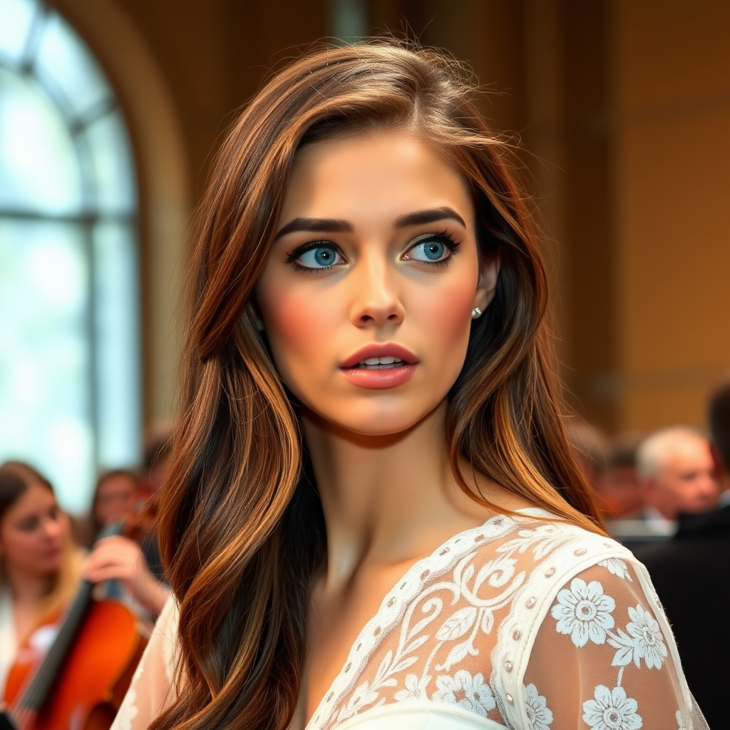 a young woman singing. long brunette hair with highlights, bright blue eyes. suntanned skin. small lips colored pale rose. looking to the side. wearing an elegant long white dress with transparent lace. orchestra in background. view from 5 meters. photo