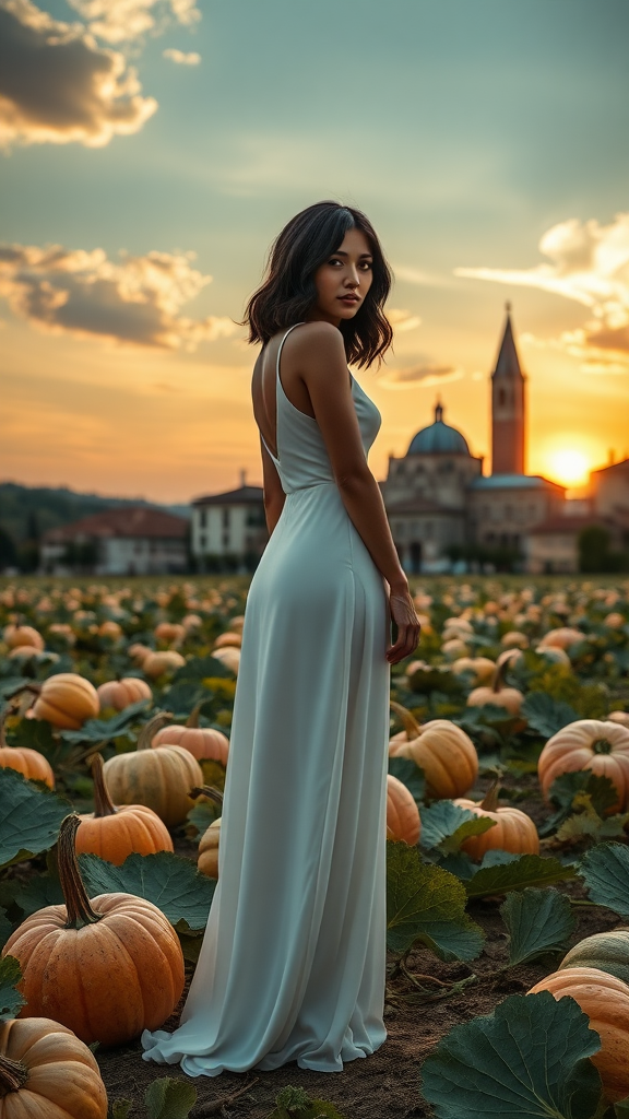 On the left, a beautiful model in a long white dress, with layered black bobbed hair, wearing 16 cm heels, in the background a field of large pumpkins, with a Venetian-style village featuring a church and bell tower, a sunset sky with the sun and clouds, in high definition.