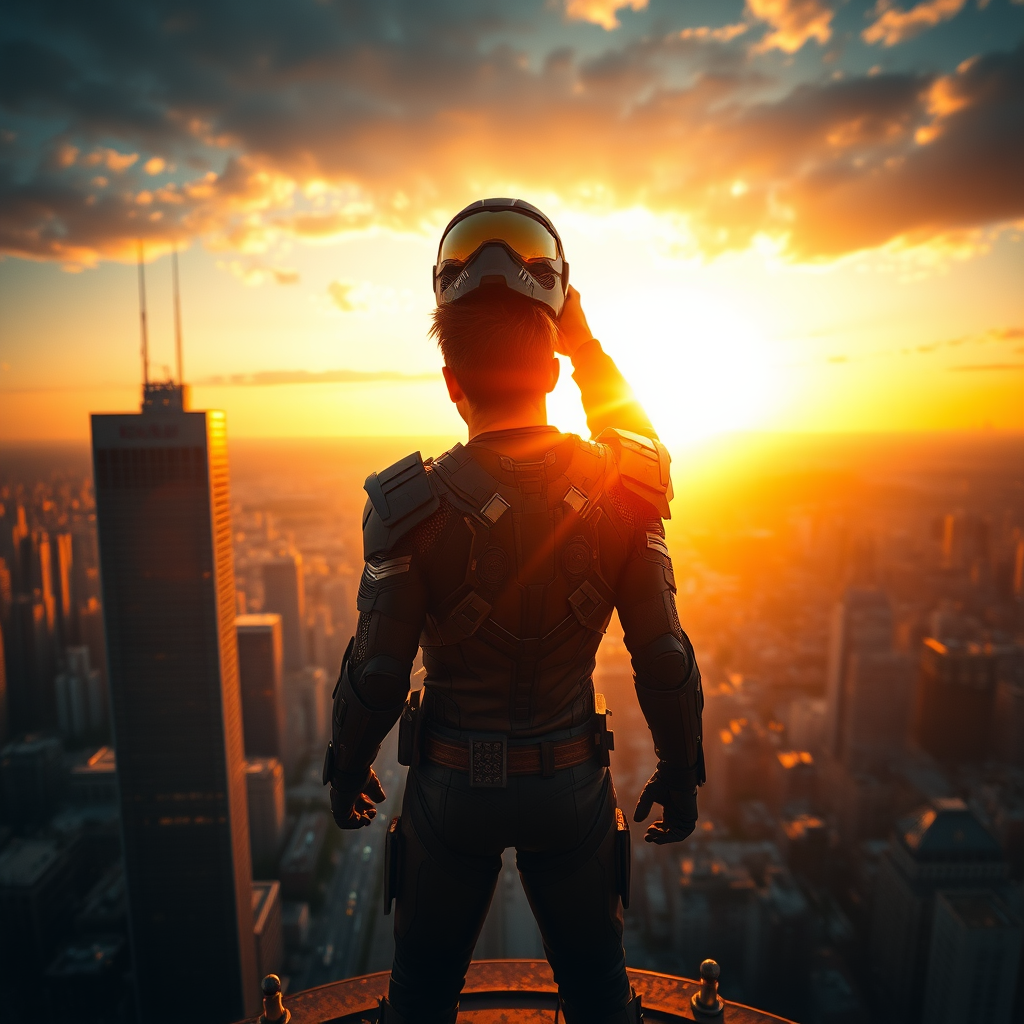 An epic, cinematic scene of tonystark standing heroically, helmet held aloft, amidst a sprawling cityscape at sunset, camera angle: sweeping bird's eye view, with vibrant colors and sharp contrasts to make him stand out.