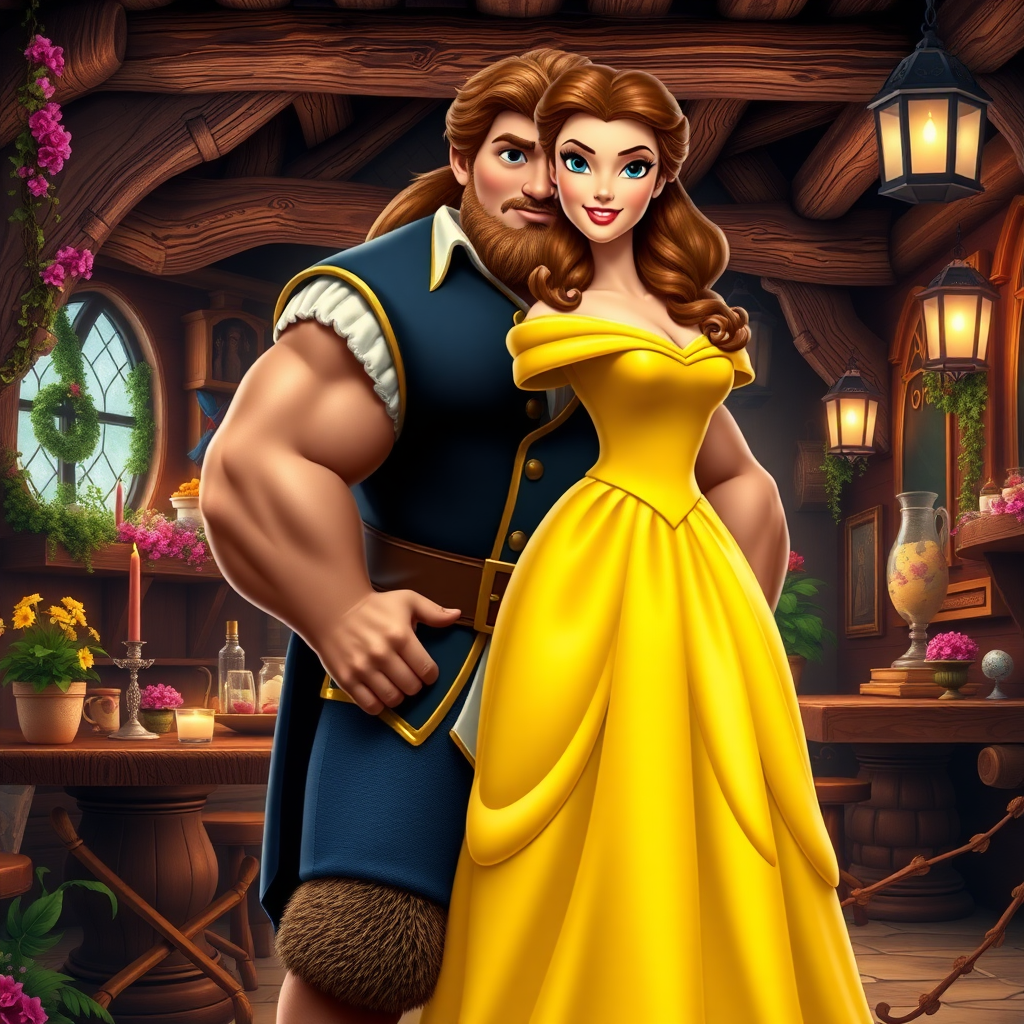 Create a full-length photorealistic image of a mashup character featuring Belle's head and hairstyle on Gaston’s muscular body. Retain Belle’s facial features and iconic yellow gown, adjusted to fit Gaston’s physique. The background should combine elements of Belle’s vibrant village and Gaston’s rustic tavern, showcasing wooden beams, flowers, and enchanted objects. Highlight the contrast between the enchanted world and Gaston’s rugged charm, creating a dynamic scene that brings both characters to life while emphasizing their distinctive traits.