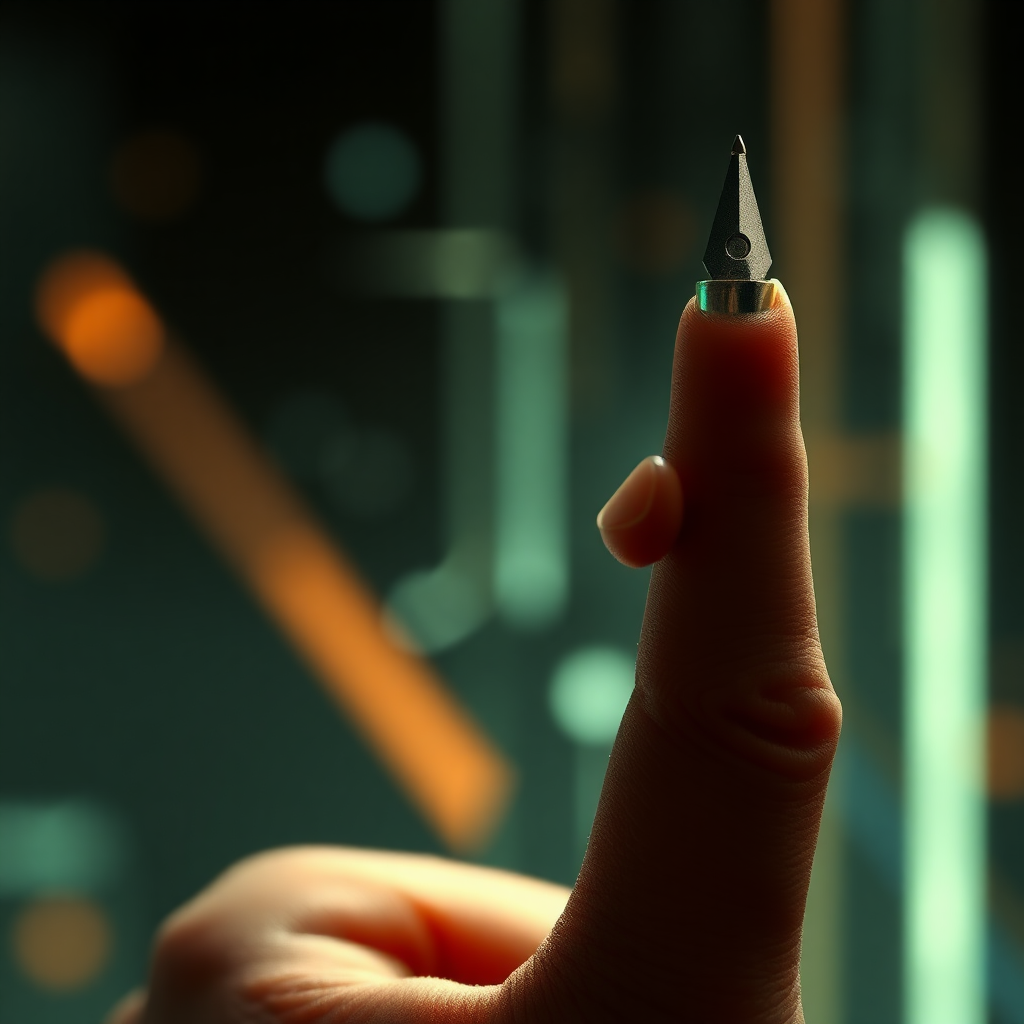 Sci-fi digital art. Tiny man (size of a pen) looking up at the viewer and showing middle finger.