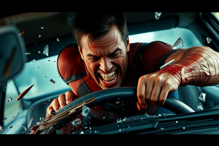 Realistic. Superhero in car crash, propelled forward with tortured face as impact sends superhero violently over steering wheel and out through windshield of car and out over hood of car. Much blood and glass flying. Mask being torn from his face by glass of windshield. Blood.