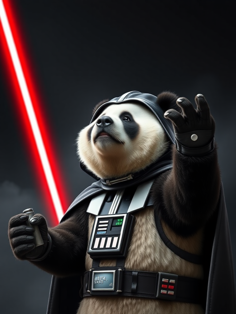 A panda bear dressed up as Darth Vader stretching his right paw at the sky while holding a red lightsaber in the other hand.