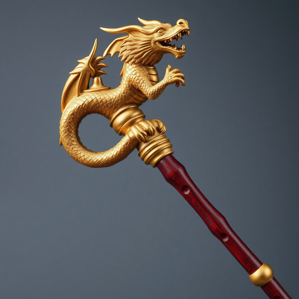 a wizard's staff with a handle made of red wood and the top representing a golden dragon with its tail coiling around the handle. I want to see the entire object with the full length of the handle