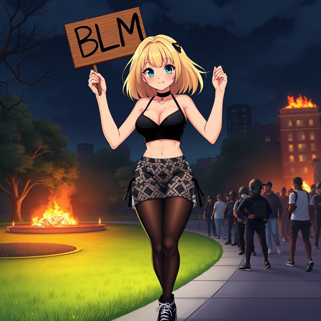 Anime art of a woman, medium blonde hair, a black, sleeveless crop top that reveals the woman's black bra and a high-waisted, large breast, patterned transparent mini skirt that showcases a mix of black and white colors and black-underwear. She is also wearing black sheer tights and black sneakers with white laces, holding wooden sign in 2 hands "BLM" in air. Park and 1 building on fire at night from riots background, groups of black-rioters-thugs.