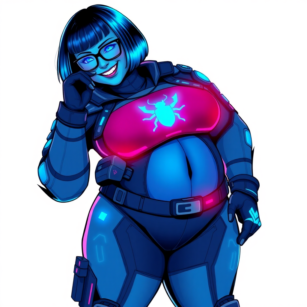 A full-figured 29-year-old computer science major, now transformed into a full-figured, maximum blue skinned nerdy digital sidekick for a cyberpunk vigilante, with maximum blue skin. Her bob cut seamlessly blends with her skin, forming part of her data, and her neon blue eyes glow intensely. Her full figure is defined by a prominent, round, wrecking ball-sized midsection, sequoia-sized limbs, and broad shoulders. As a loyal and supportive sidekick, she plays a crucial role in their missions, using her digital skills to assist and protect.

She wears a digital, computerized biker suit that blend with her hair and skin (appearing to merge together as computer data), featuring a maximum blue color scheme and a neon blue glowing beetle chest icon, along with matching high-tech gloves. She bashfully giggles with a neon red blush, emitting neon blue data cubes from her body, set against a solid white background. Heavily pampered by her doting boyfriend, her full figure clearly shows this care. She has the ability to hack into computers and machines, and her nerdiness is blatantly obvious with her black oversized eyeglasses. Her full figure (especially her wrecking ball-sized midsection) is prominently displayed and heavily emphasized. Her outfit is influenced by DC’s Jennifer Knight Phantom Lady but remains distinct. She is drawn as if she was in a retro 2D cyberpunk fighting game. Ensure her skin tone is distinct from Inside Out's Sadness from any other character. Her proportions are bloated to emphasize her full figure.