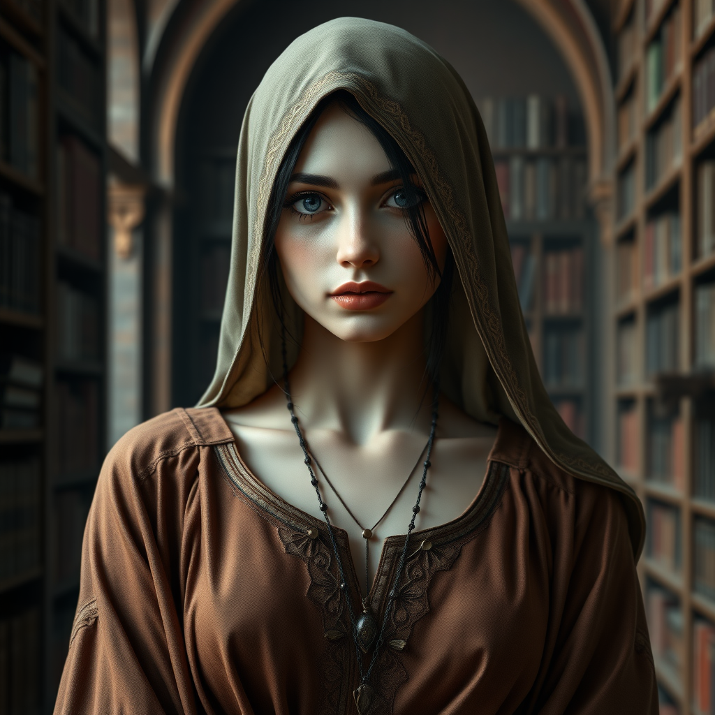 In the world of Vampire the Dark Ages, a beautiful and enchanting 17-year-old Muslim woman with Arab features and a corpse-like complexion, dressed like a medieval Persian woman. The image should show the character from the head to the waist without showing her hair or neck. The background should depict a medieval library. high definition, photorealistic, 16K.