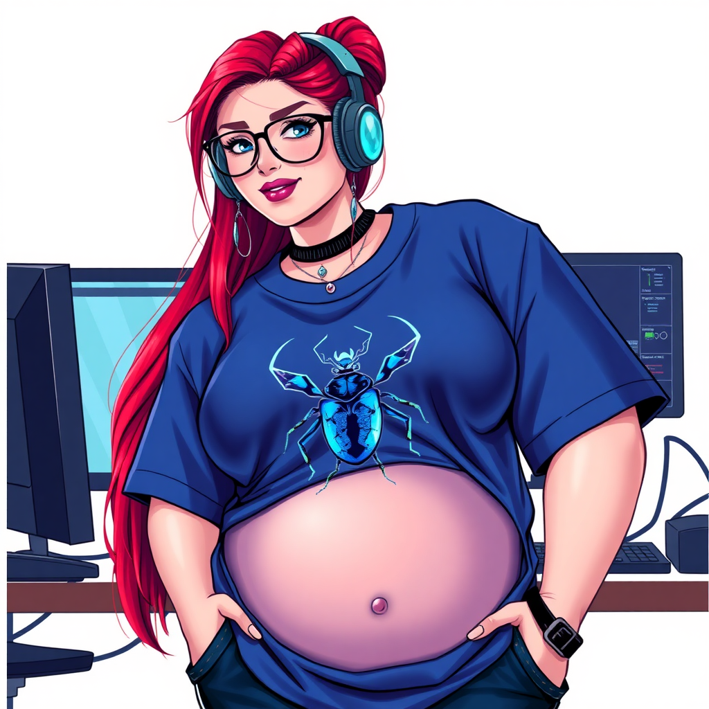 A cyberpunk vigilante’s full-figured intelligent and tech-savvy 28-year-old girlfriend, who is a computer hacker and tech genius. She has a long ruby red ponytail. She wears maximum blue lipstick, bright blue eyes, a sapphire beetle gemstone necklace, sapphire earrings, black eyeglasses, and an oversized maximum blue t-shirt featuring a blue sapphire gemstone crusted beetle chest icon. She has a full-figured physique with a prominent, massive, round belly, reflecting her well-cared-for lifestyle. She sports a sapphire headset with a hi-tech maximum turquoise lensed HUD, and a shy smile with a neon red blush. She serves as his tech expert from his hideout, diligently working at her lab table computer desk. The background is solid white. She is drawn as if she was in a retro 2D cyberpunk fighting game. Ensure her t-shirt covers her belly.