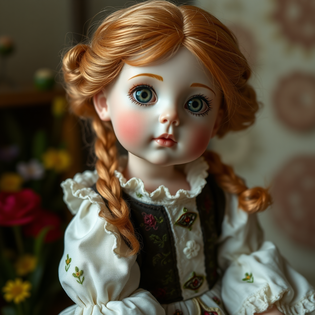 ooak art doll, artist doll, realistic doll, life-like porcelain doll, unique personality, stunning eyes, bisque doll, bjd, dynamic pose, embroidered medieval dress, sunny spring noon