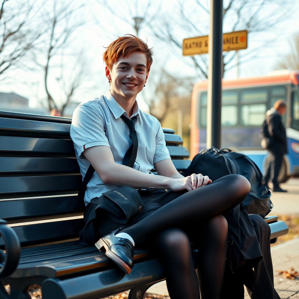 photorealistic, ultra high resolution, 16K, surreal fantasy, soft studio lighting, a pretty 18 year old goth male, slim male physique, auburn hair, goth makeup, earrings, shiny black pantyhose, UK girls-school uniform, Mary-Jane shoes, sitting on his boyfriend's lap on a bench waiting for the school bus, in daylight, excited smile, facing the camera.