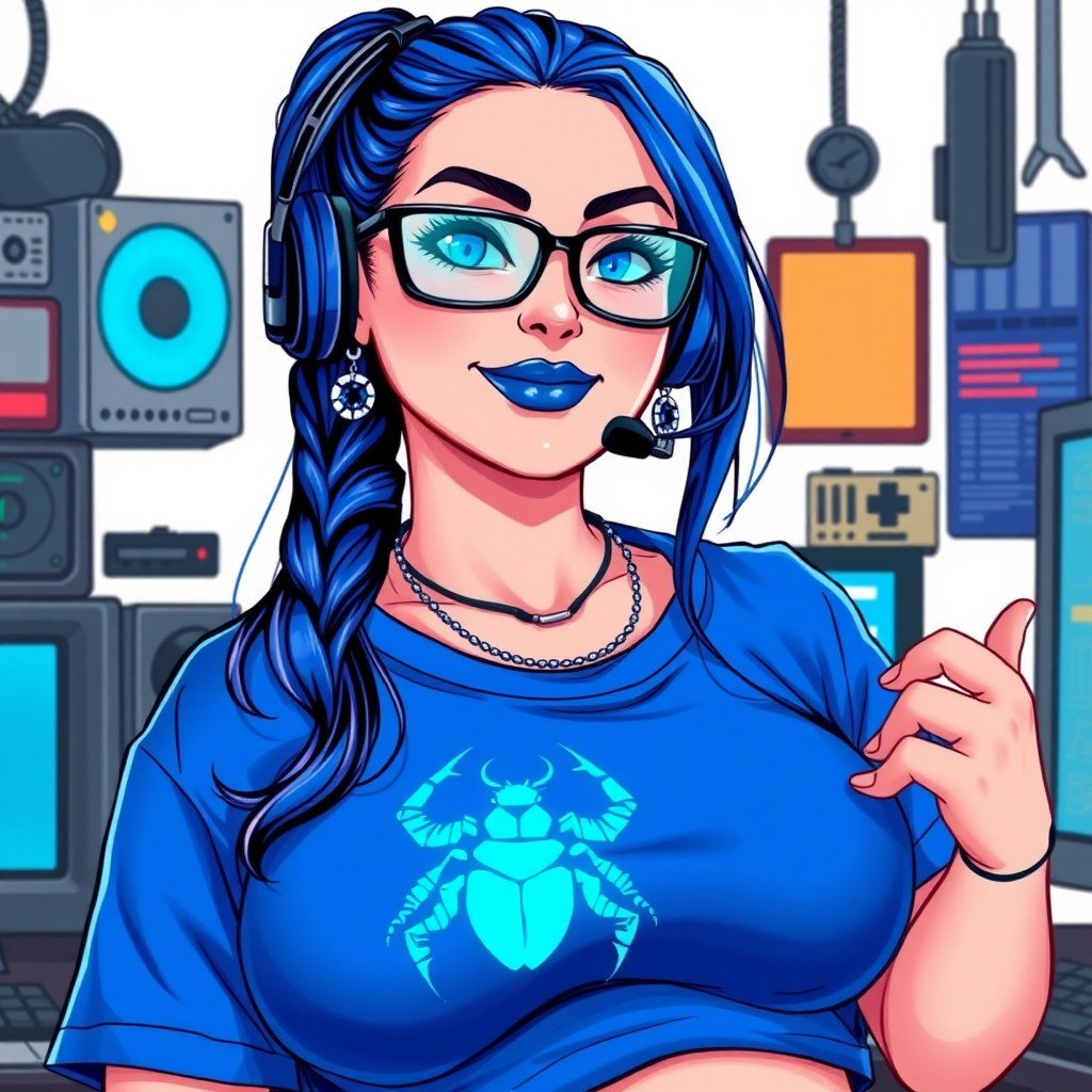 A cyberpunk vigilante’s full-figured intelligent and tech-savvy 28-year-old girlfriend, who is a computer hacker and tech genius. She has a long maximum blue ponytail. She wears maximum blue lipstick, bright blue eyes, a sapphire beetle gemstone necklace, sapphire earrings, black eyeglasses, and an oversized maximum blue t-shirt featuring a blue sapphire gemstone crusted chest icon of a beetle. She has a full-figured physique with a prominent, massive, round belly, reflecting her well-cared-for lifestyle. She sports a sapphire headset with a hi-tech maximum turquoise lensed HUD, and a shy smile with a neon red blush. She serves as his tech expert from his hideout, diligently working at her workbench and computer desk, while holding an electronic wrench and a holographic computer tablet. The background is solid white. She is drawn as if she was in a retro 2D cyberpunk fighting game. Ensure her maximum blue t-shirt covers her belly.