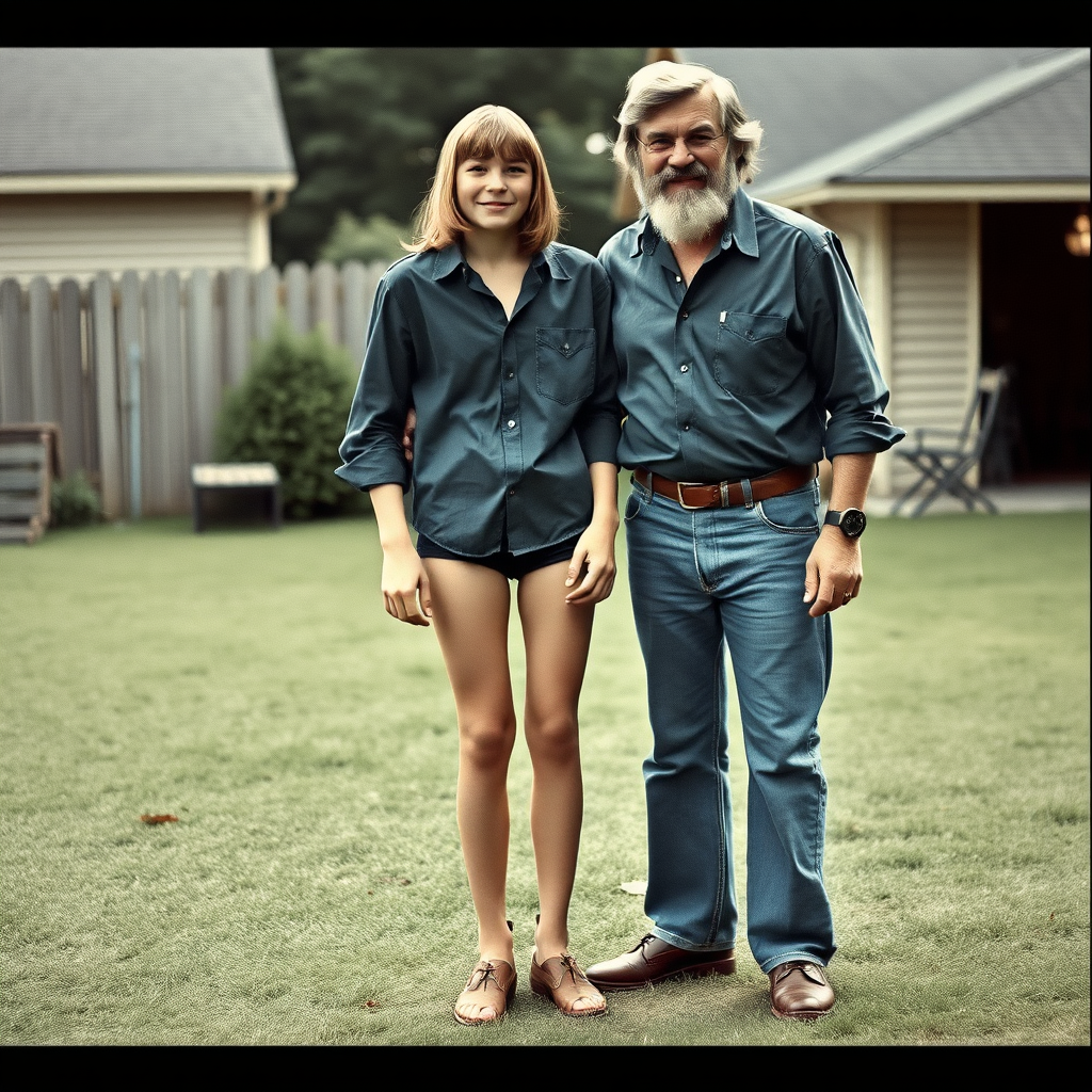 tall 14yo teen boy, long hair bob cut, wearing shirt and very tight booty shorts, long legs, narrow thighs, full-length front view. with bearded father wearing shirt, long jeans, shoes. 1970s. At backyard. photorealistic, ultra high resolution, 16K, Negative: grainy, blurry, bad anatomy, extra limbs, watermark.