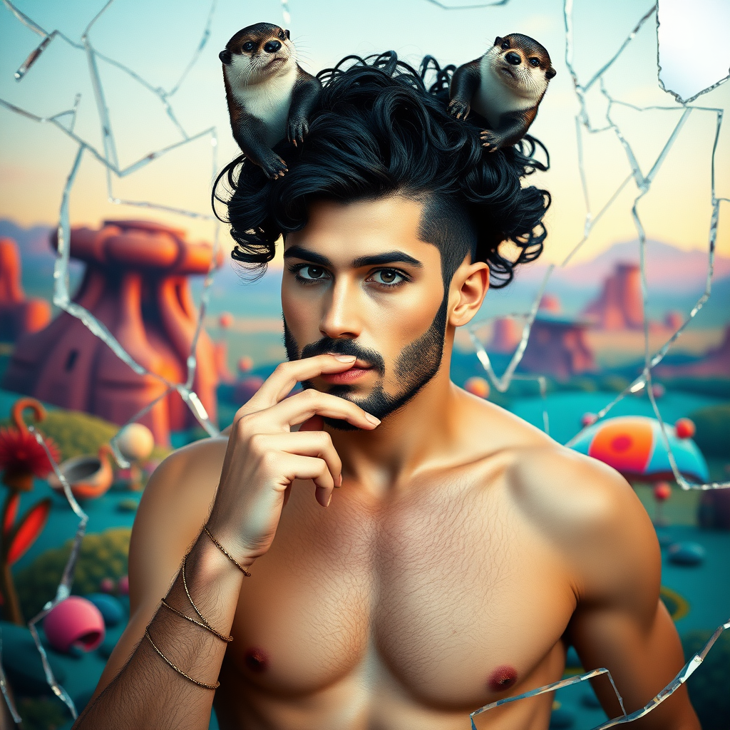 The background is a broken glass with red, blue, yellow, and white. A 4K hyper-realistic photograph in the style of Madonna, blending surrealism with kitsch. The subject is a man with an extravagant, curly black haircut, styled in a flamboyant bun, paired with a sexy, masculine look. He sports a neatly groomed, three-day beard — short, evenly distributed, with a light shadow effect across the chin, jawline, and cheeks. His makeup is dramatic, like a drag queen, adding to the boldness of his appearance. He has a muscular, athletic build. A pin-up man in a seductive pose, nude except for a pair of shiny pasties. His expression is playful and provocative, with a finger delicately placed on his mouth, adding a touch of mystery. The background is a surreal landscape with vibrant colors and kitsch elements that contrast with his figure. Otters are playing above his head.